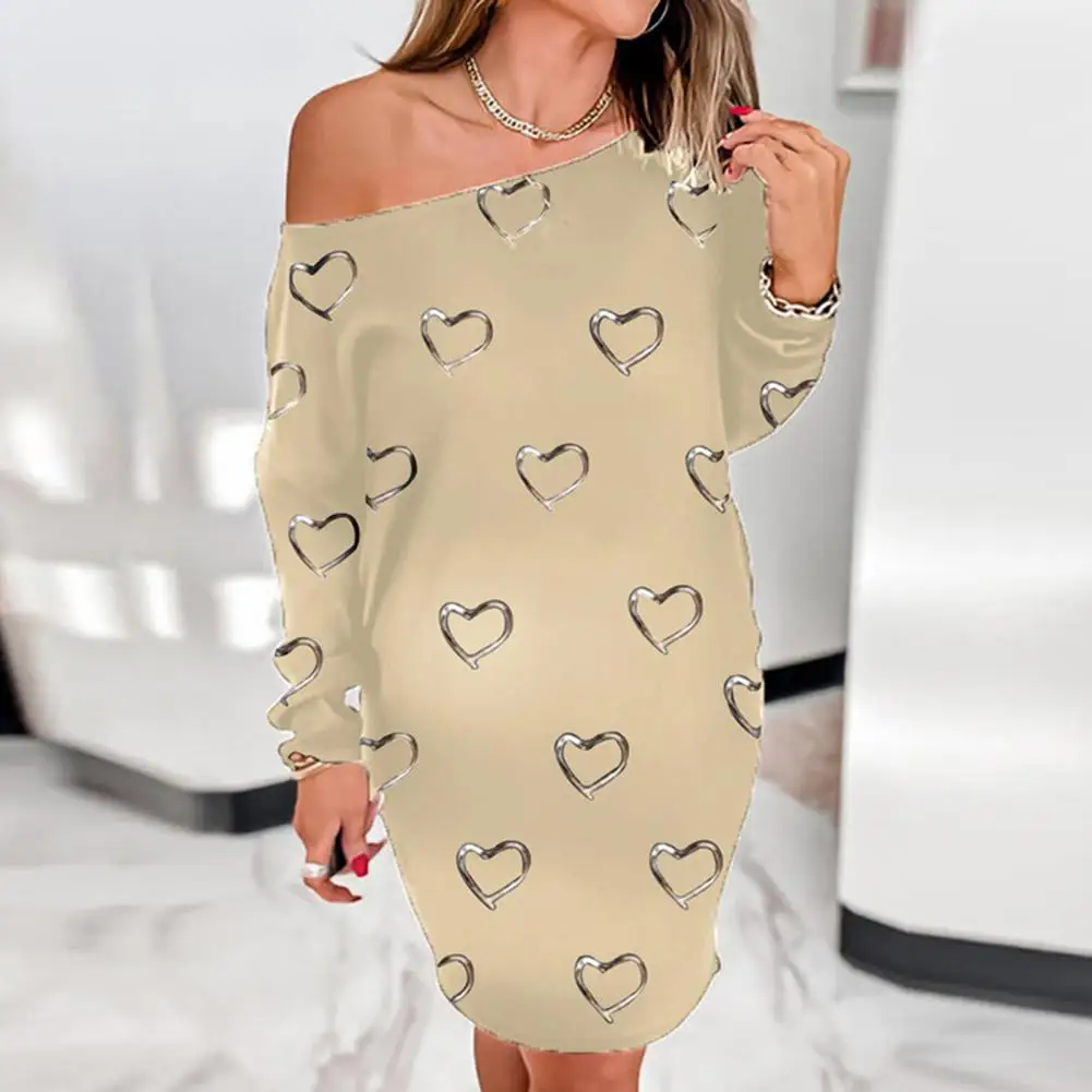 

2021 New Fashion Women Dresses Long Sleeve Slash Neck Dresses Stylish Heart Print Loose Casual Mini Dress for Summer