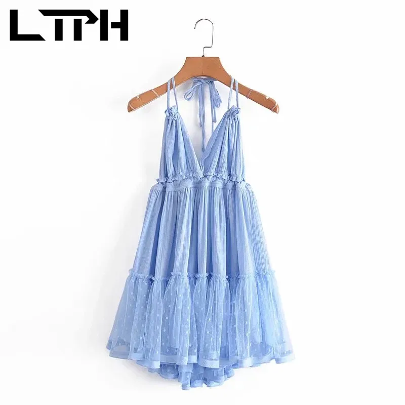 

LTPH sexy low-cut V-Neck sleeveless camisole dress women Backless vintage layered splicing mesh A-line dresses 2021 summer new