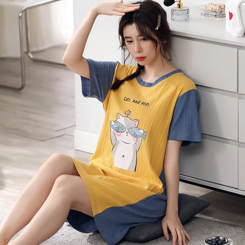 

Sexy Night Dress Women's Summer New Style 2021 Pure Cotton Cat and Fish Print Korean Ins Stitching Short-sleeved Women Sleepware