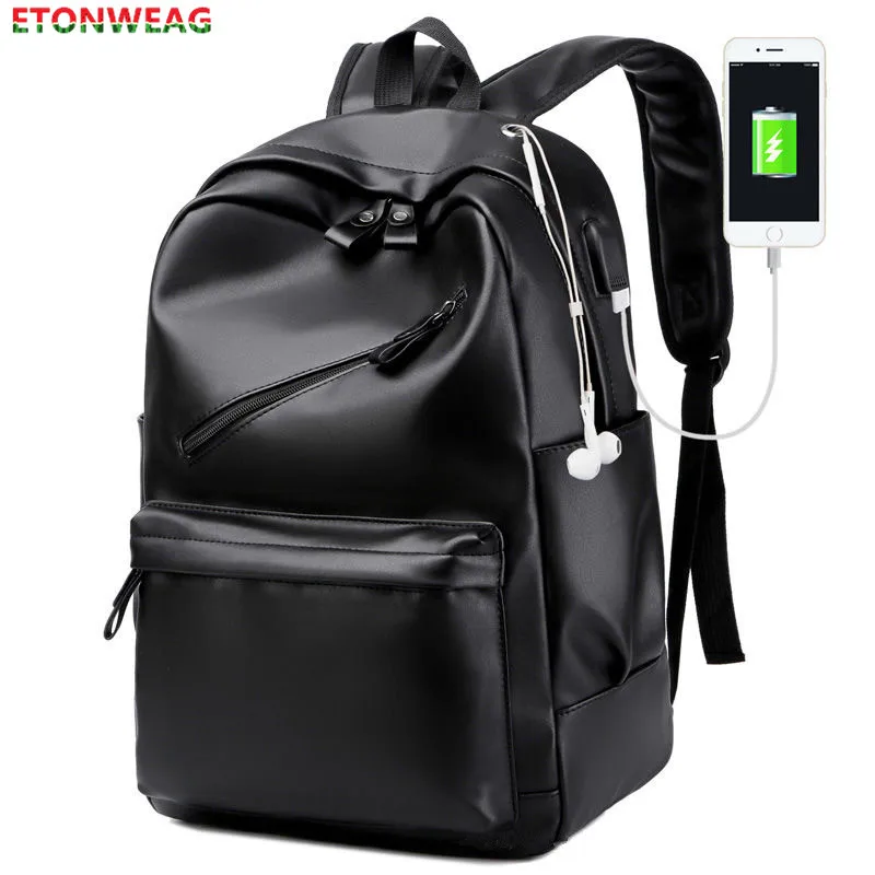 

Waterproof PU Leather Backpack Men school bag for teenage girls boy bookbag Laptop bag pack Business Casual Travel backbag Black