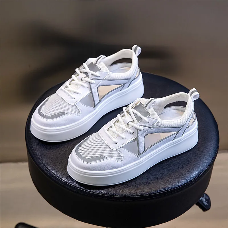 

Asumer 2020 hot sale genuine leather shoes women sneaker cross tied mesh comfortable summer casual flat shoes ladies white