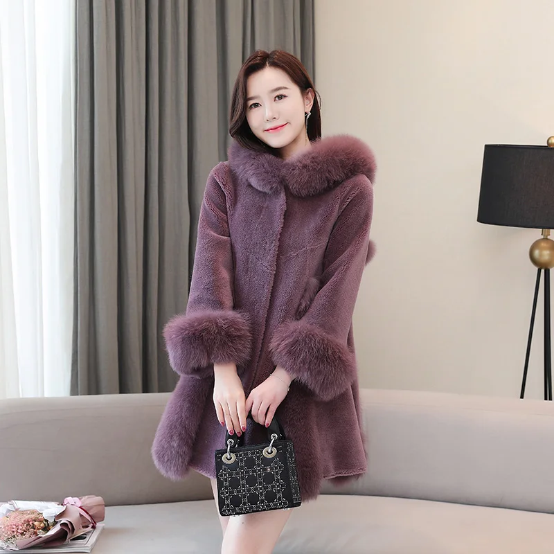 

JCHB 2021 Fashion 100% Wool Real Fur Coat Female Warm Winter Clothes Women Hooded Woman Jacket Fox Fur Collar Ropa De Mujer Pph