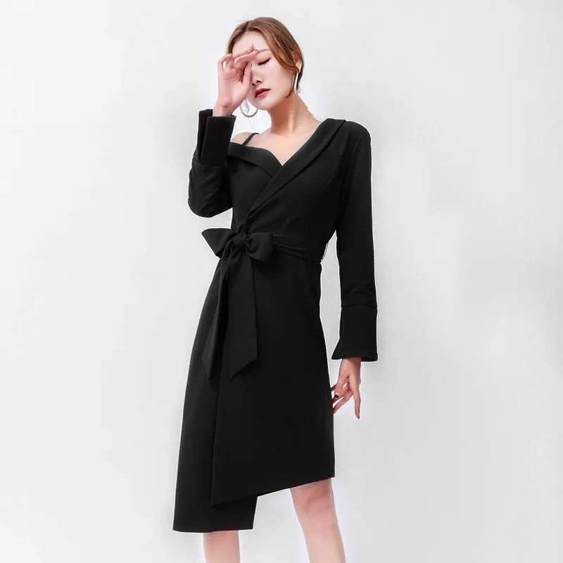 

DEAT Women Red Wine Big Size Bow Sexy Dress Asymmetric Neck Long Sleeve Loose Fit Fashion Tide Spring Autumn 2021 GX160