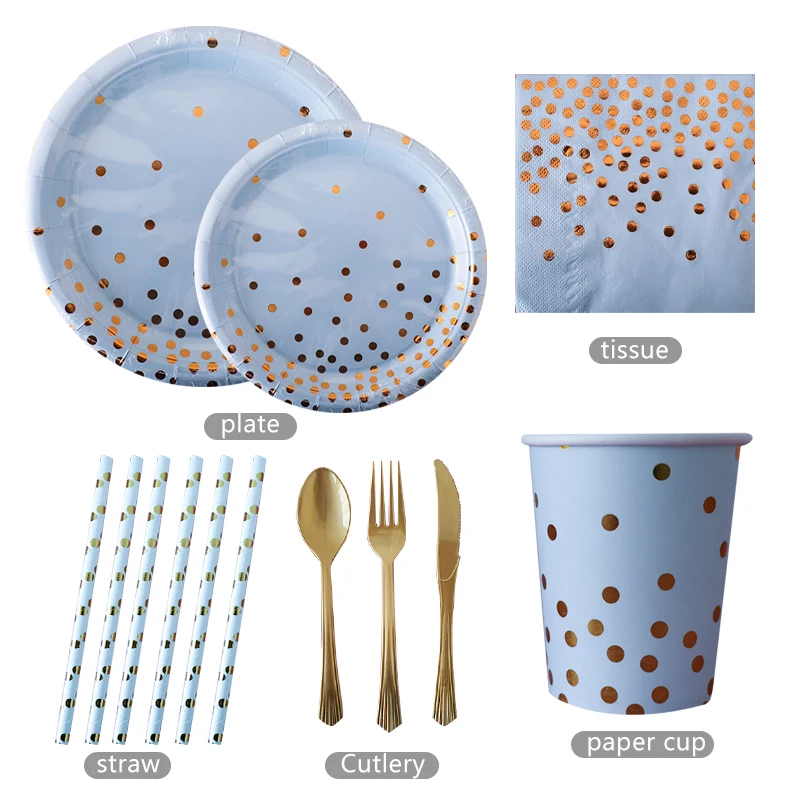 

90Pcs Blue Dot Hot Stamping Theme Birthday Party Decorations Baby Shower Disposable Tableware Napkins Straws Cups Plates Supply