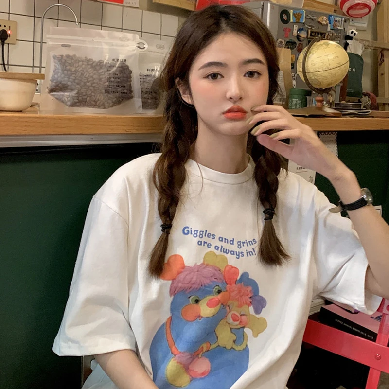 

YTX1123 2021 new loose mid-length bear print BF wind large size all-match short-sleeved T-shirt