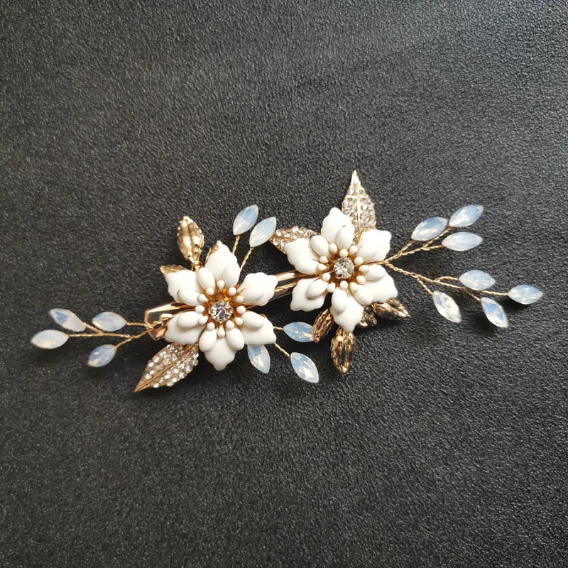 

SLBRIDAL Handmade Golden Crystal Rhinestone Floral Wedding Hair Clip Barrettes Bridal Headdress Hair Accessories Women Jewelry