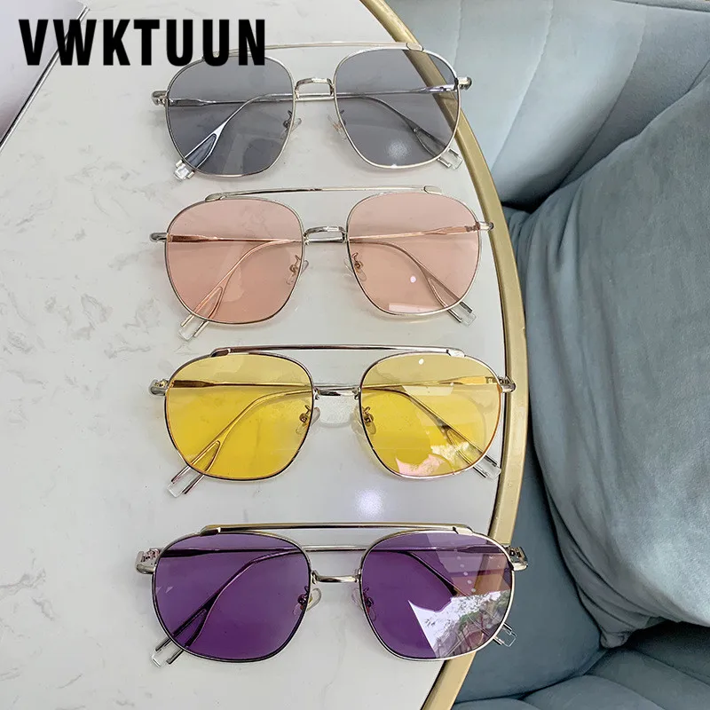 VWKTUUN, квадратные солнцезащитные очки для женщин, двухлучевые солнцезащитные очки, металлическая оправа, очки UV400, Винтажные Солнцезащитные очки, прозрачные линзы океана