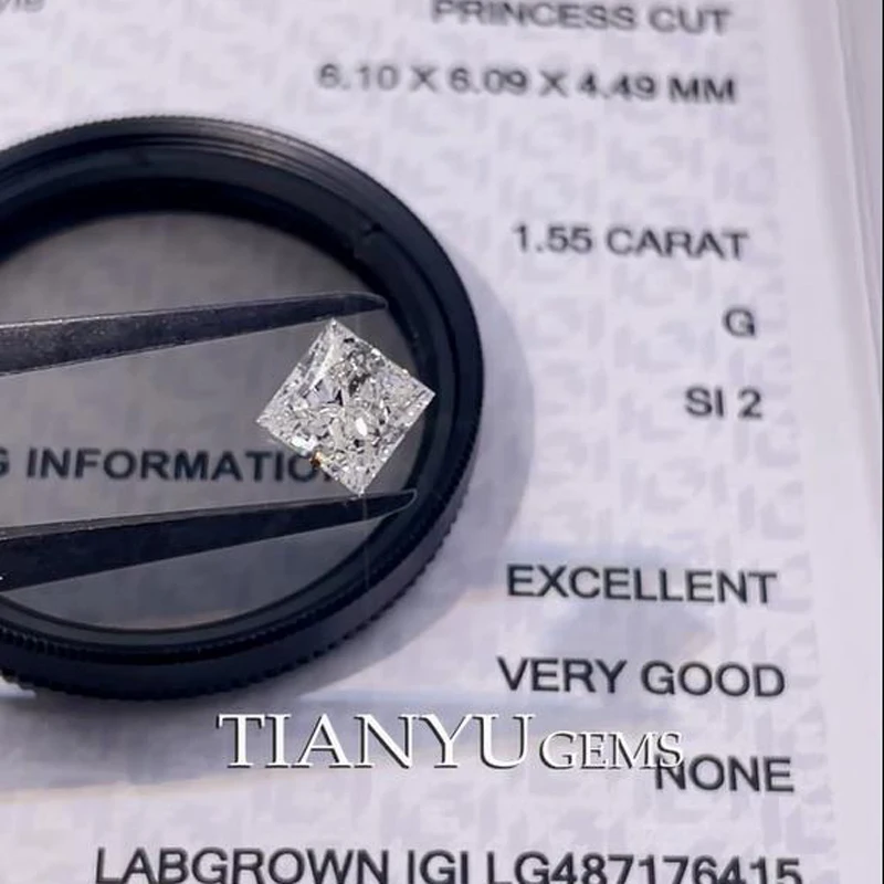 

Tianyu драгоценные камни резка принцессы CVD 1.55ct G SI2 EX VG Алмазная лаборатория Выращенный иджи 6,10*6,09*4,49 мм Синтетические бриллианты свободные для...