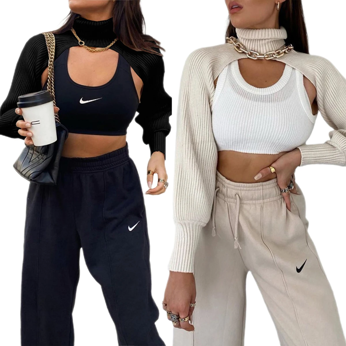 

Female Sweater Solid Color High Collar Long Puff Sleeve Knitwear Pullover Top Women Hip Hop Fashion Short Sweaters