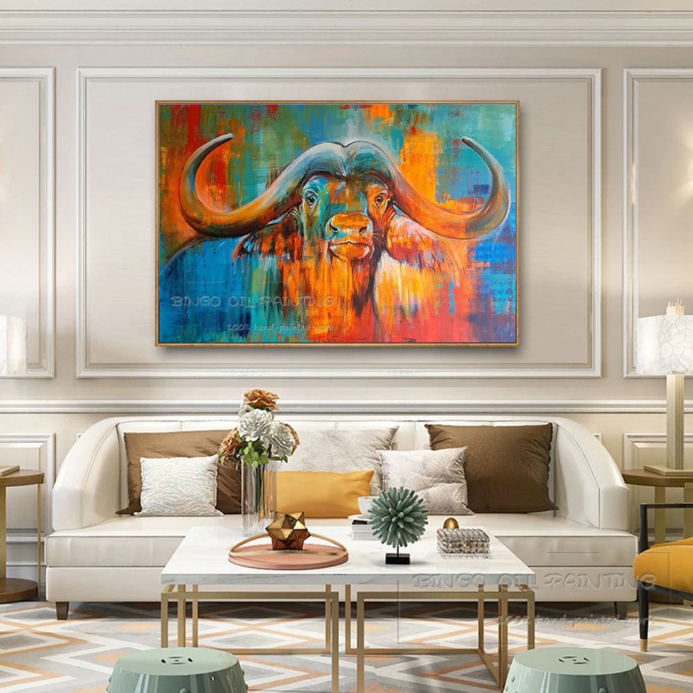 Модное настенное Искусство Ручная роспись животных буйвол масляная живопись на