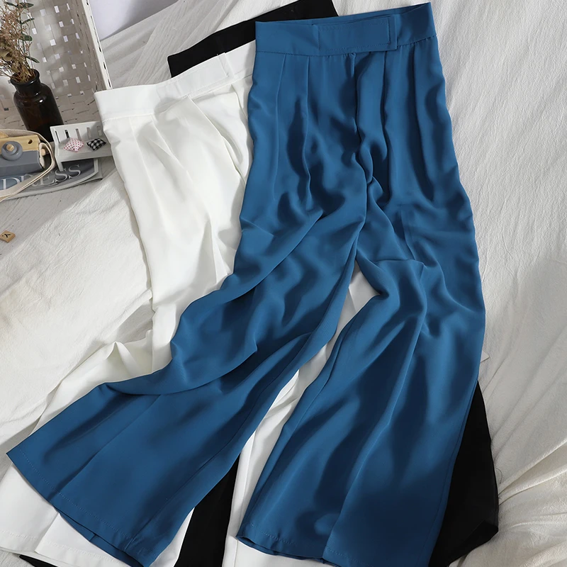 

GLODTAOS Elegant Career Pant Office Lady High Waist Velcro Pleated Suit Pants Harajuk Casual White Soft Baggy Women Trouser