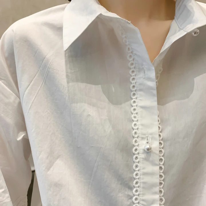 

Puff sleeve White Shirt Women Spring Summer New Design Sense Solid Color Turn-Down Collar Lace Single Breasted HoLLow Out Shirt