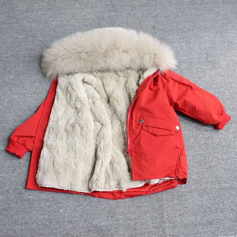 red khaki fur Для маленьких мальчиков детская зимняя куртка, детская куртка-пуховик для девочек зимняя куртка для детей в Зимняя куртка для девочек и мальчиков детские линией натурального меха кролика, парка, пальто - Цвет: red khaki fur