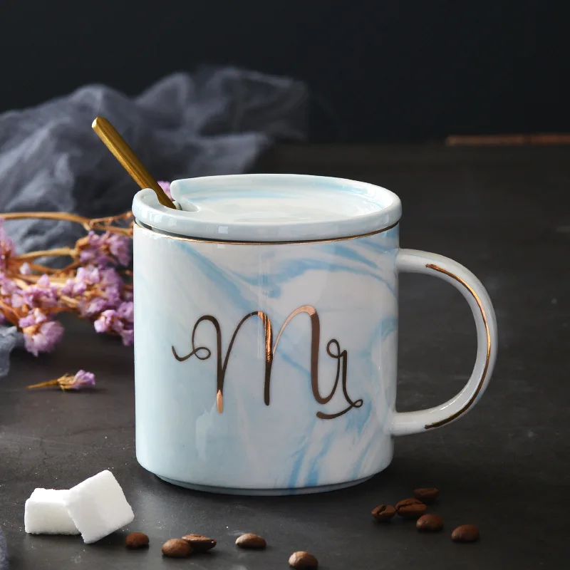 Cup lid spoon(Blue)2 Мраморная керамика в европейском стиле кружка с позолоченными краями офисная кружка чашка для молока подарочный набор кофе для пары красивая кружка - Цвет: Cup lid spoon(Blue)2