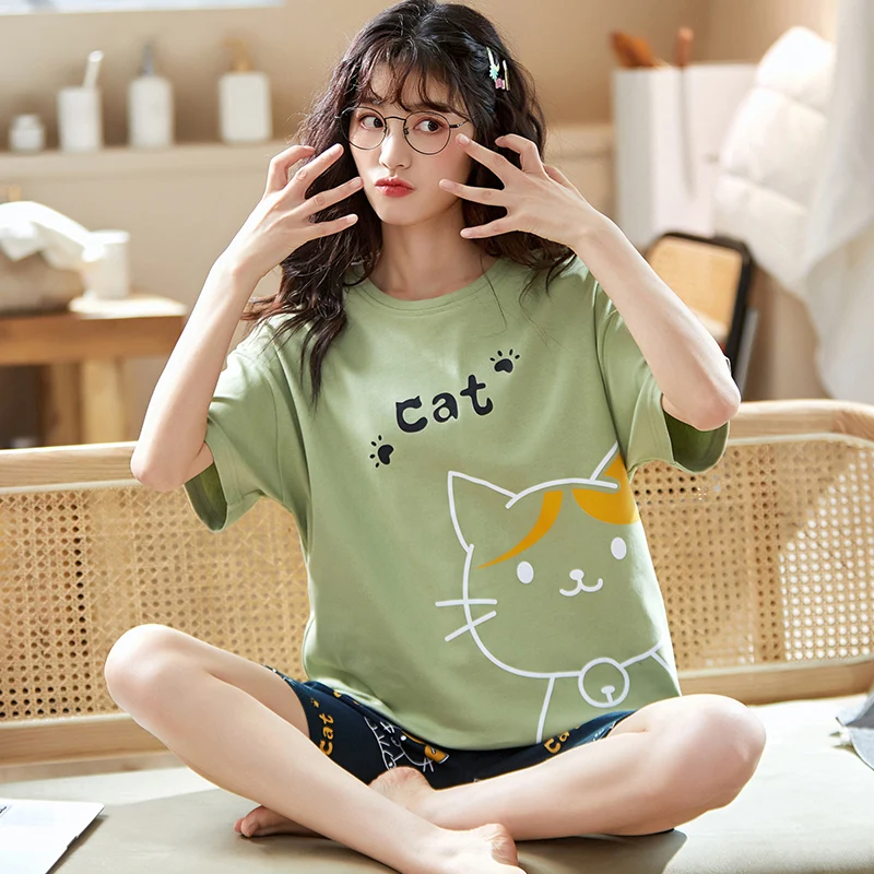 

New Summer Pajamas Set Round Neck Short Sleeve Shorts Cartoon Sleepwear Women Cotton Comfort 2021 New Cute Cats Girls Sleepwear