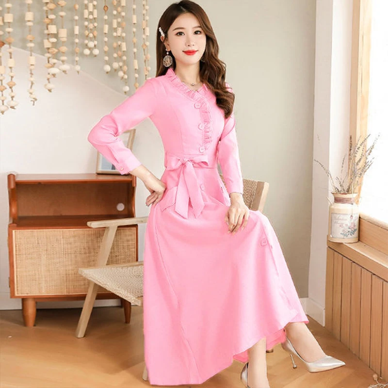 

Elegant fashionable button long sleeve Korean o-neck medium length sexy waist closing temperament dress SS1045