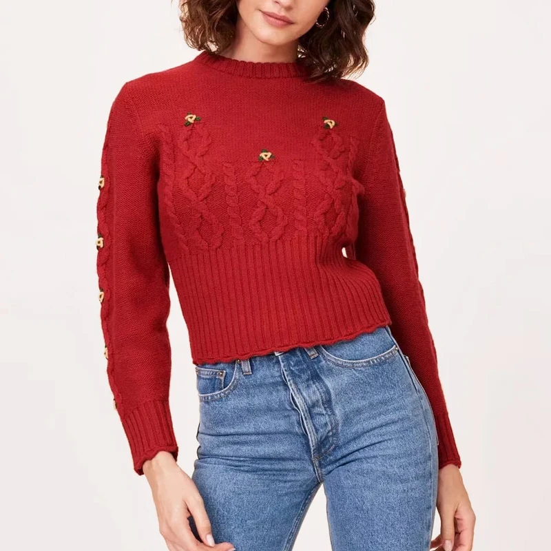 

Women Cropped Cable Knit Jumper With Embroidery Floral Lady Sweater