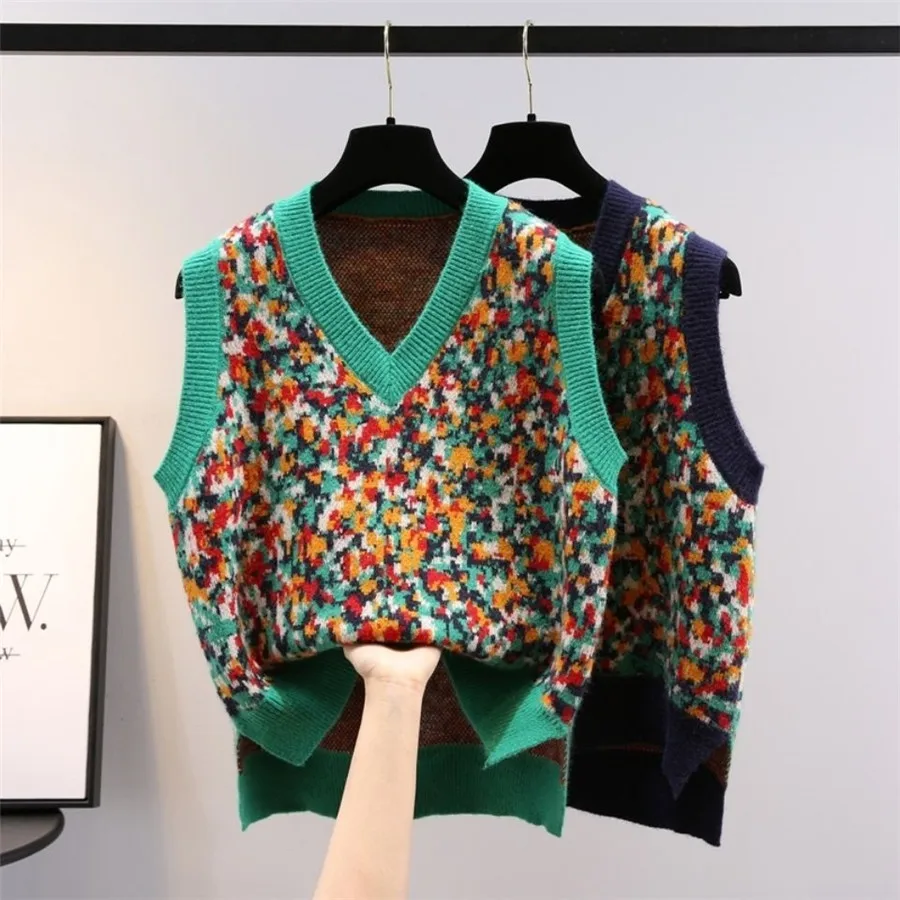 

Vintage College Style Vest Sweater Knitwear Spring Autumn V-Neck Women All-Match Sweater Waistcoat Pullover Outerwear TT0668