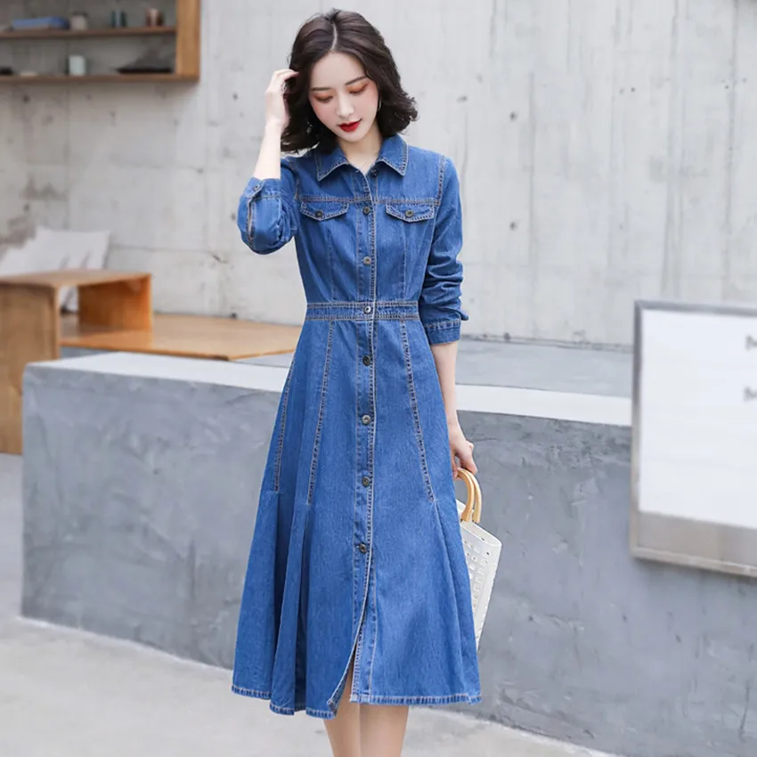 

Женское джинсовое платье на пуговицах, Повседневное платье-рубашка из денима с длинными рукавами и отложным воротником, одежда в Корейском стиле на весну