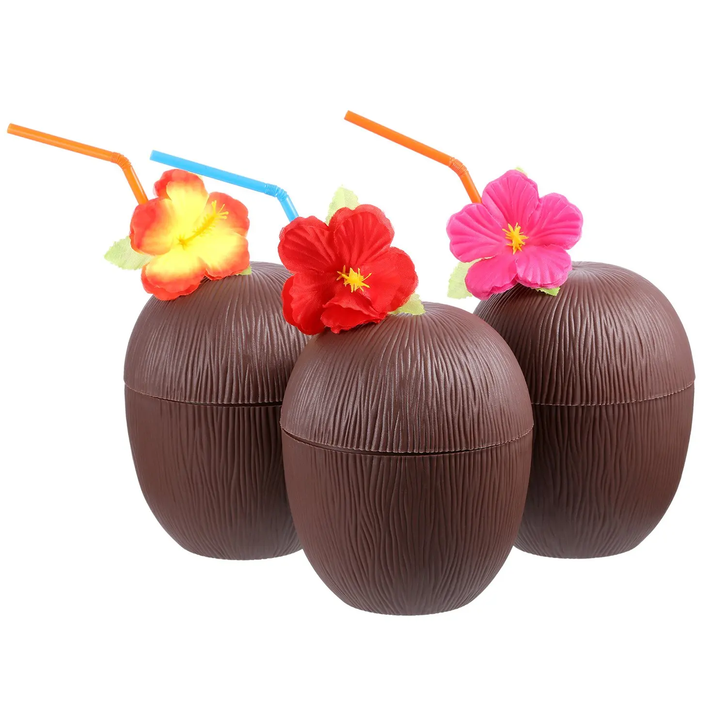 

3 Pcs Hawaiian Plastic Coconut Cups With Hibiscus Flower Bendable Straws For Beach Theme Party Accessories Supplies