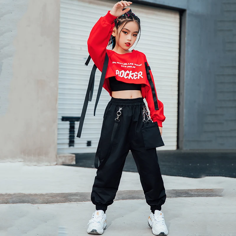 

Girls Hip Hop Clothing Red Tops Black Pants Casual Overalls Street Dance Wear Jazz Performance Clothes Hip Hop Kids Wear 120-170