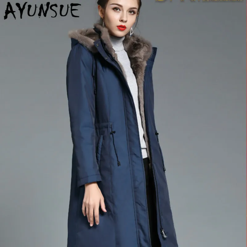 AYUNSUE Женское пальто из натурального меха зимнее с норковым воротником и