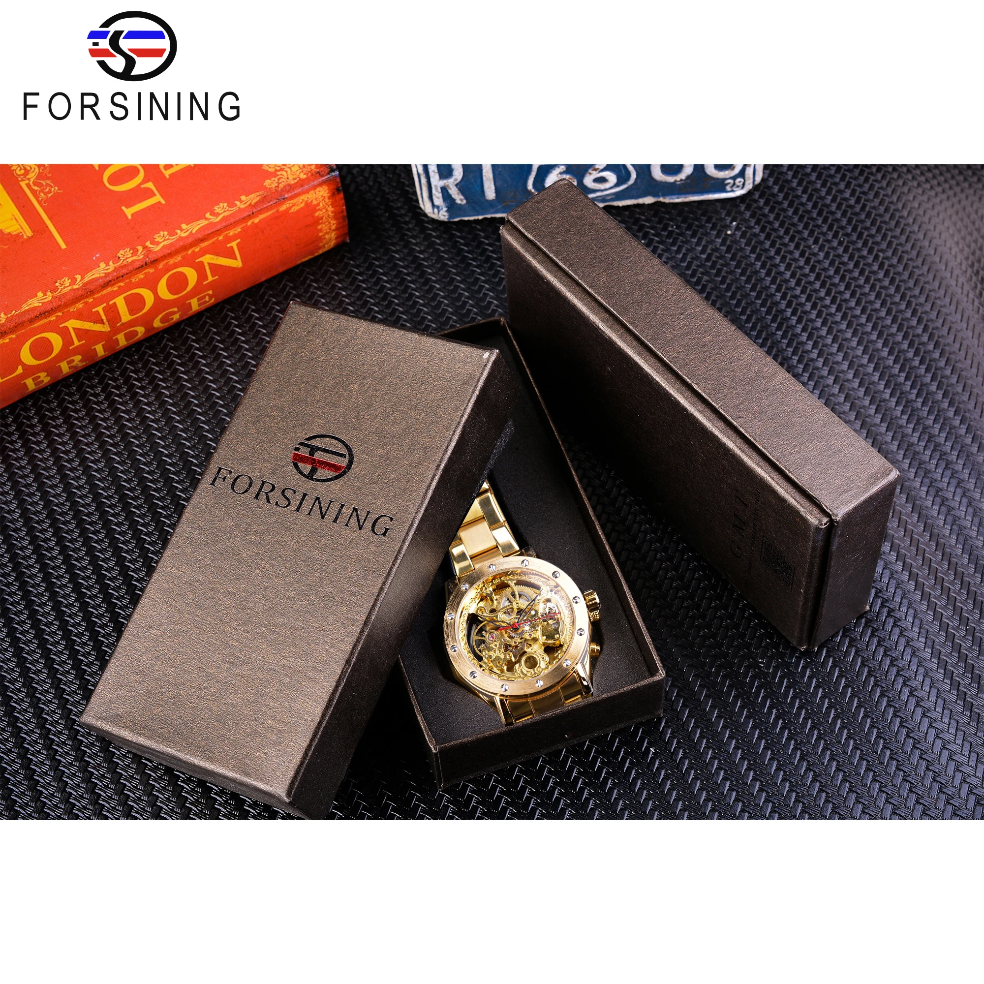 Часы наручные Forsining Мужские автоматические модные полностью золотистые
