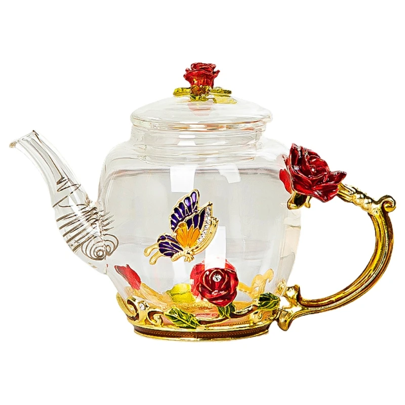 

Glass Teapot - Enamel Rose Flower Butterfly Decoration Heat Resistant Glass Teapot Kettle with Strainer for Blooming Tea