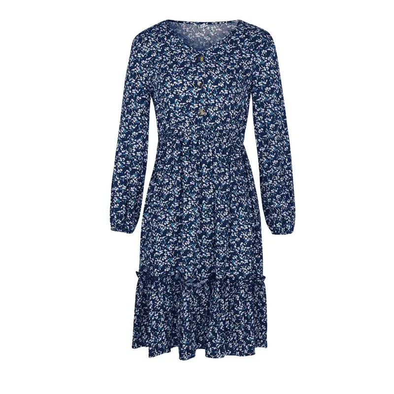 

2020 Autumn Floral Print Dress Women Long Sleeve Boho Dress Bohemian Ladies Slim Fit Button V Neck Midi Dress Female
