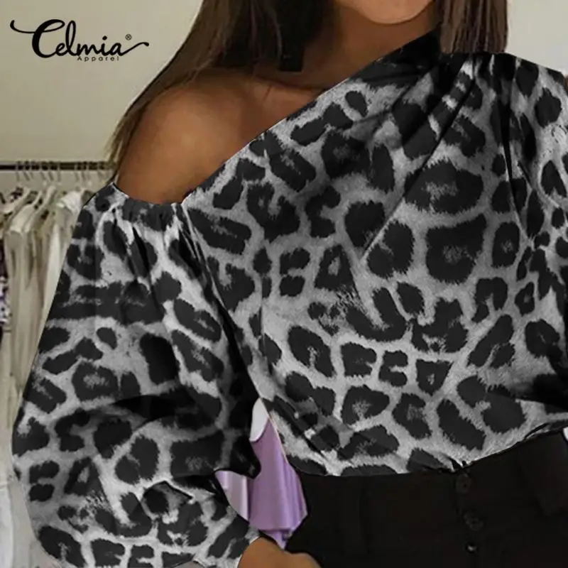 Женская блузка с леопардовым принтом на одно плечо длинным рукавом-фонариком