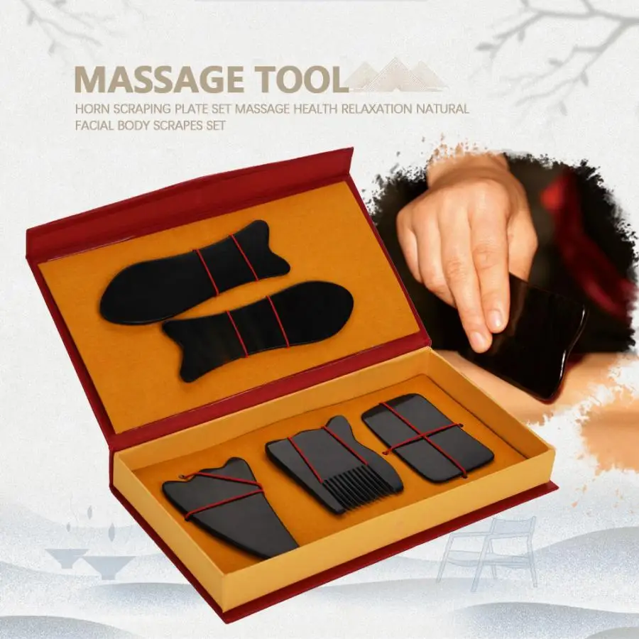 Gua Sha Scraping Massage Tool Horn Scraper Plate Set Health Care Body Relaxation Massage Stone Gift Set