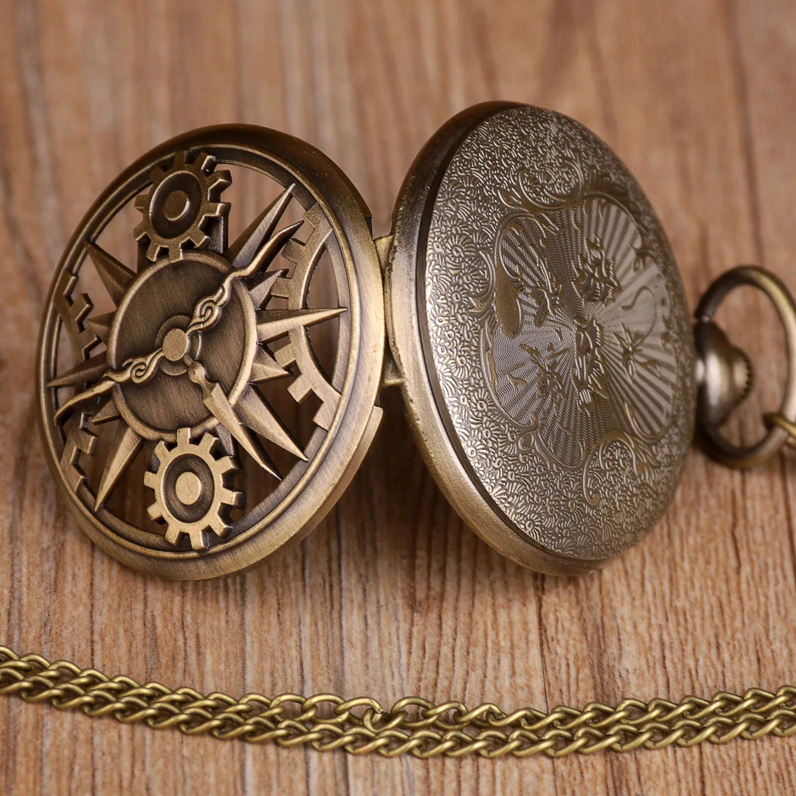 10pcs Antique punk Bronze Hollow Gear Movement Quartz Pocket Watch Pendant Gift With Chain Pocket Watches Fob Watch Gift Boy Men
