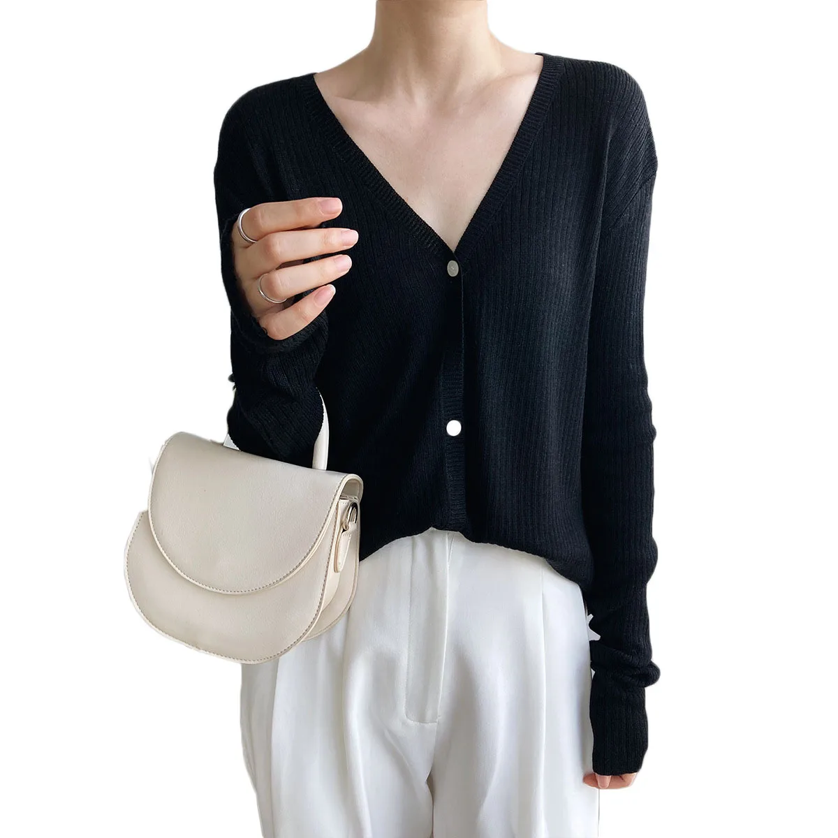 

Knitted Sweater Women 2021 Spring And Autumn New Loose Outer Wool V-Neck Cardigan Solid Color Long-Sleeved Thin Coat M214