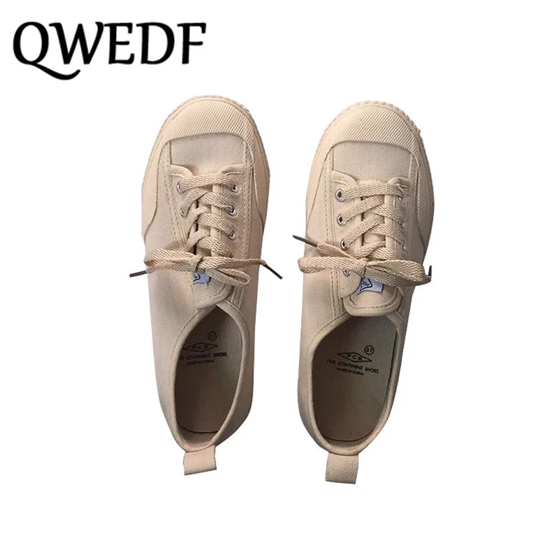 QWEDF/Женская Вулканизированная обувь; классическая парусиновая обувь; женские повседневные белые кроссовки; однотонные женские туфли на шнуровке с круглым носком; D1-57 в стиле ретро