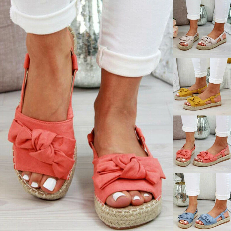 Новые женские летние сандалии с бантом на плоской подошве ремешками прогулочная