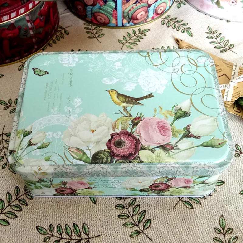 Large Rectangular Flower Bird Cookies Tin Box With Lid Metal Candy Chocolate Home Organizer Coffee Sugar Tea Container