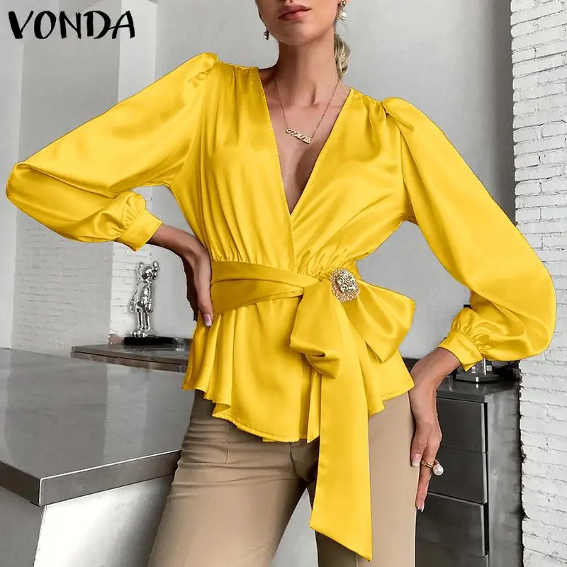 

Women Blouse With Belted VONDA Ladies Sexy Deep V Neck Solid Tops Autumn Bohemian Blusas Long Sleeve Office Formal Chemise Shirt