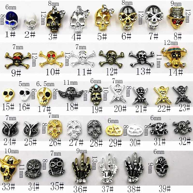 10Pcs Nail 3D Halloween Nail Art Charms Skull Spider With Rhinestones Vintage Skeleton Hand Alloy Nail Art Jewelry DIY Craft