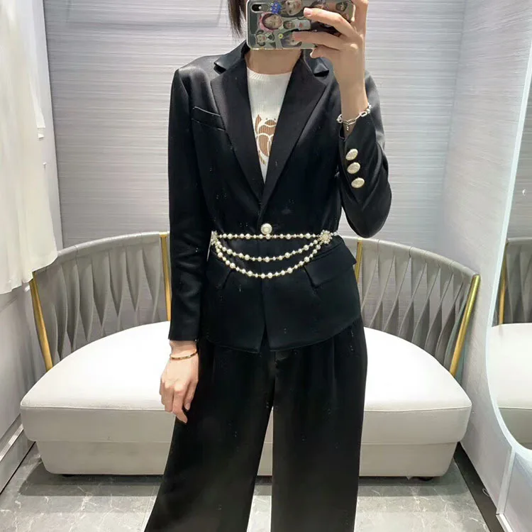 2019FW winner, новинка, Женский блейзер с жемчугом, пальто+ повседневные штаны, женский пиджак, брюки, костюмы, 2 вещи в комплекте, 2 цвета, tclai