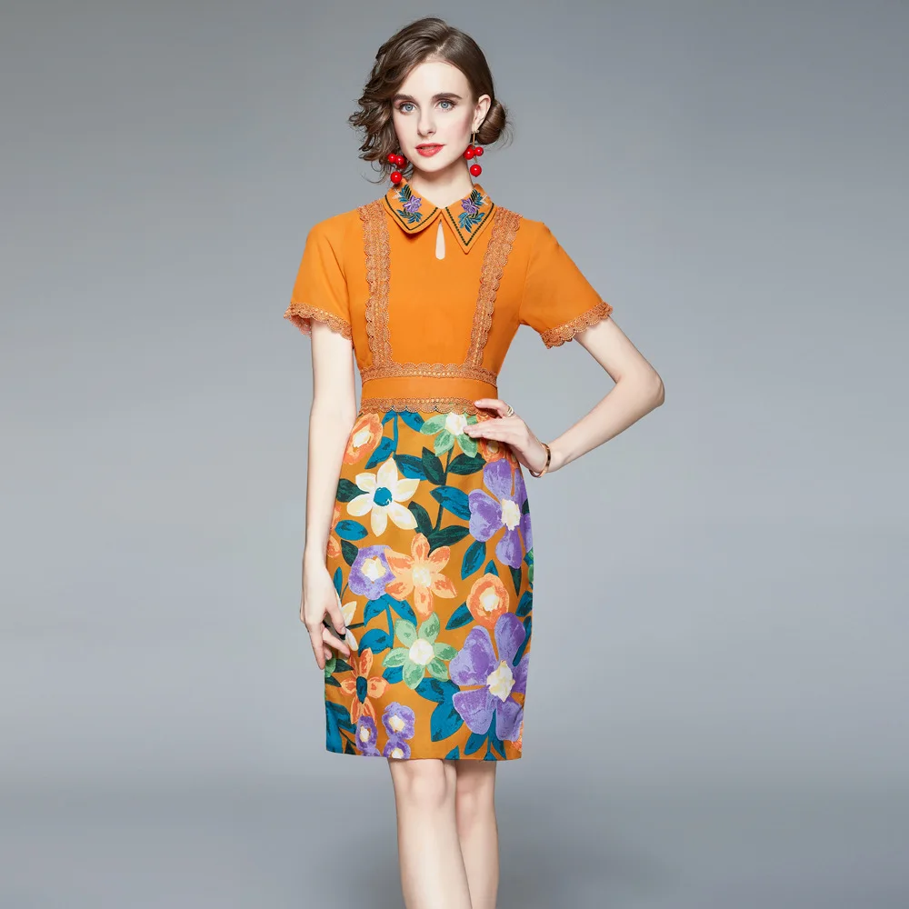 

fresh broken flower V-neck dress 2021 vintage design sense waist closing slim wrap hip middle women's fashion