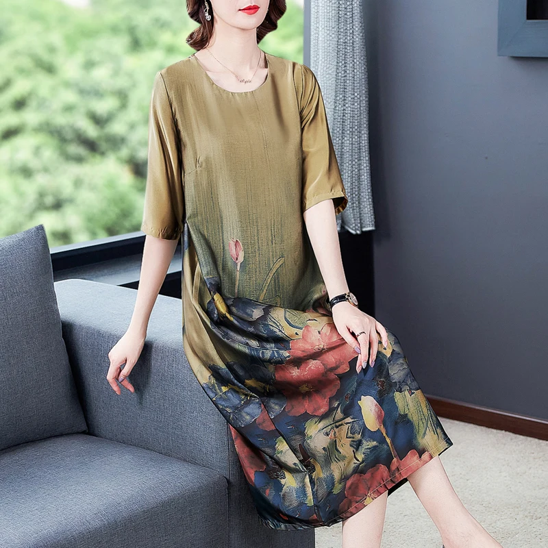 Банкет свободные шелковое платье с принтом коротким рукавом 2020 лето новый аромат