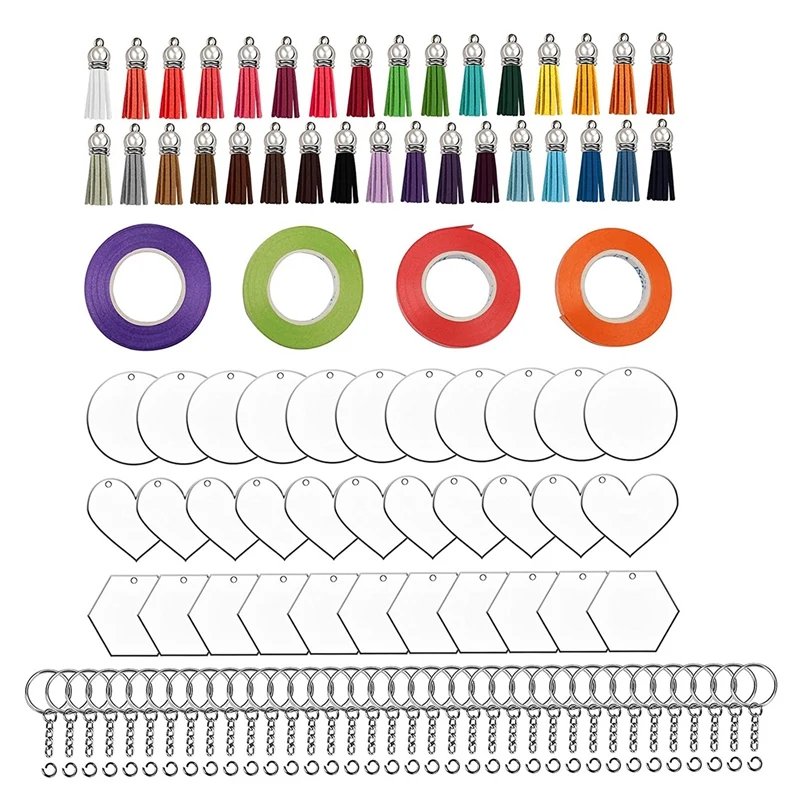 

148Pcs Acrylic Keychain Blanks Kit, Incloud 36X(Blank&Tassels&Key Chain Rings&Jump Rings)+4 Ribbon for Crafts Crafting