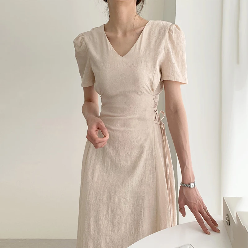 

2021 Summer Korean Style Temperament Dresses Solid V-neck Short Puff Sleeve Bandage Vestidos Elegant Fashion Dress Office wear
