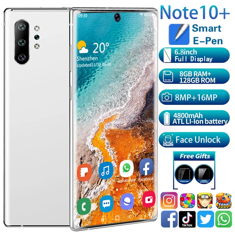 

Hot Sell Note 10+ Smartphone Triple 13MP Camera 4G LTE 8 128GB 6.8 Inch Screen 4800mAh Android 9.1 Mobile Phone Face ID Unlocked
