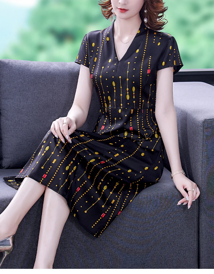 

Silk Satin Loose Women's Dress New Fashion Casual Short Sleeve Dresses Printing V-neck Mid-length Summer Houthion