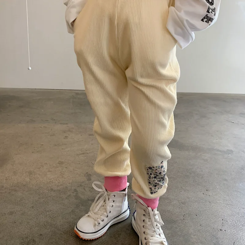 

WLG Kids Girls Casual Pant Spring Fall Beige Patchwork Pants Baby Girl All Match Trousers for 2-8 Years