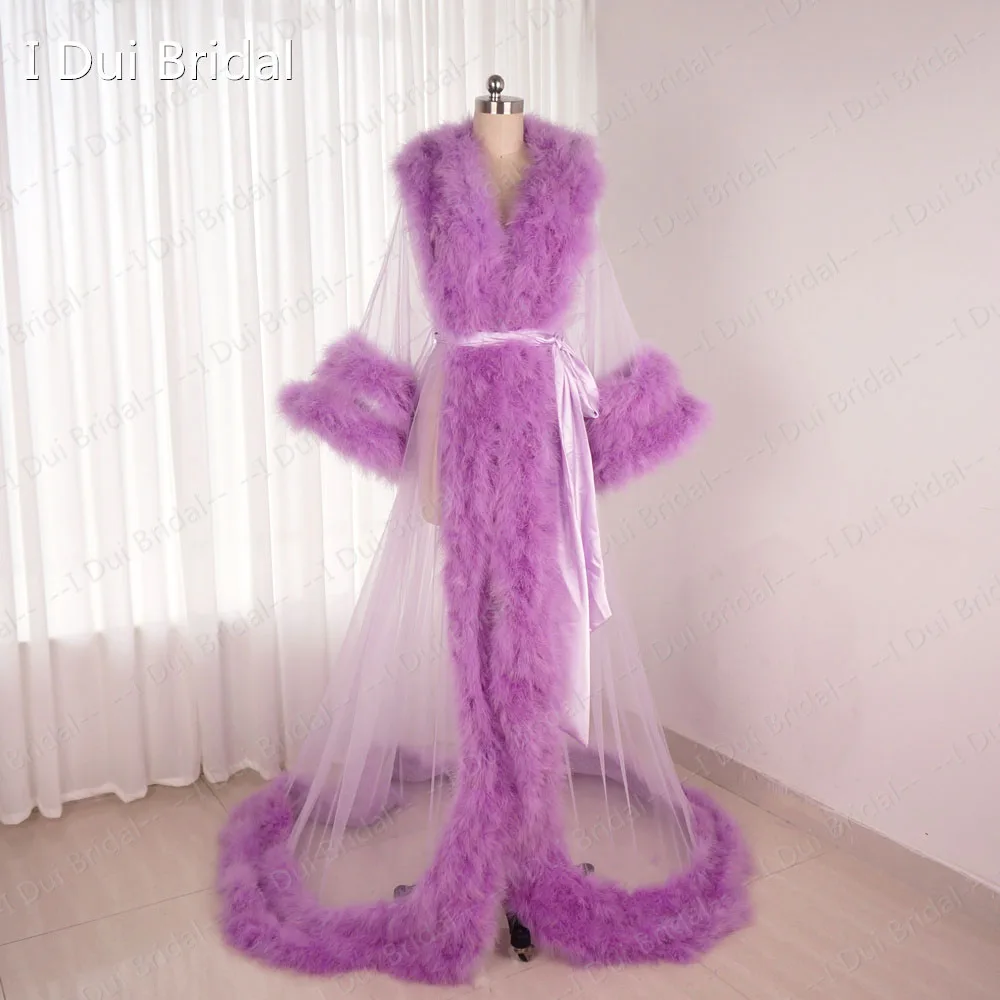 Luxury Marabou Robe with Belt Real Photo Double Row Feather Trimmed Dressing Gown Photography Kimono Boudoir images - 6