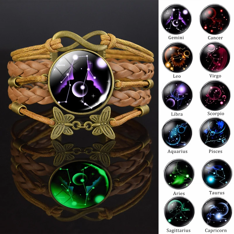 

Светящаяся 12 созвездия зодиака знак коричневый кожаный браслет светящийся Лев рыбы бижутерия со стеклянными кабошонами браслет подарок дл...