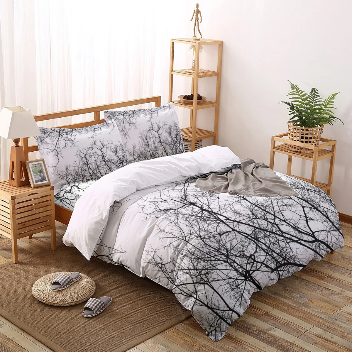 

Черно-белый комплект постельного белья с узором в виде ветвей, простыня, постельное белье, двойной размер, пододеяльник, Комплект постельно...