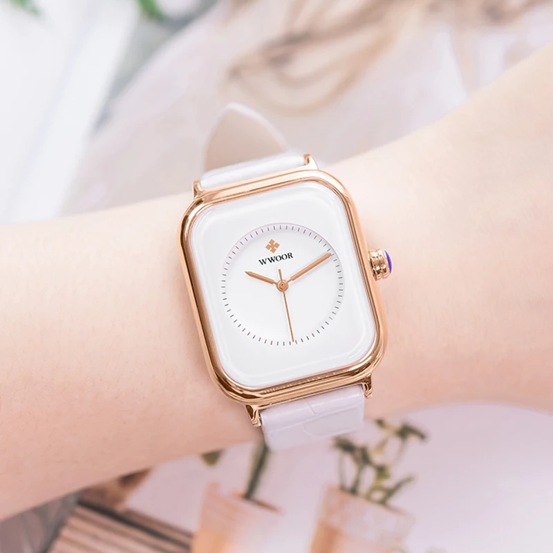 Women Fashion Square Watches WWOOR Brand Ladies Quartz Wristwatch Simple White Leather Band Dress Waterproof Watches Reloj Mujer